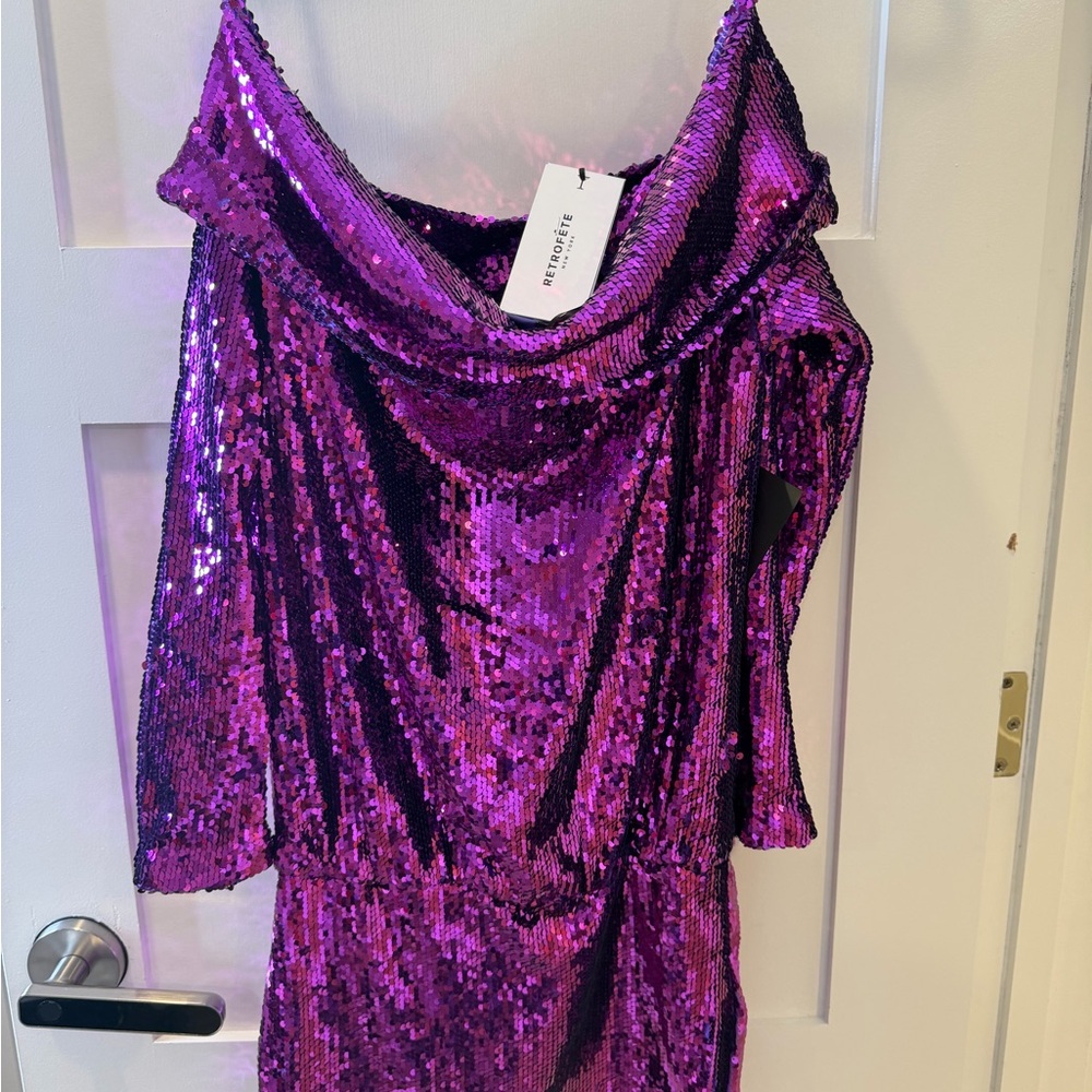 RETROFÊTE
Wyn off-the-shoulder sequined stretch-jersey mini dress. Size MED NWT